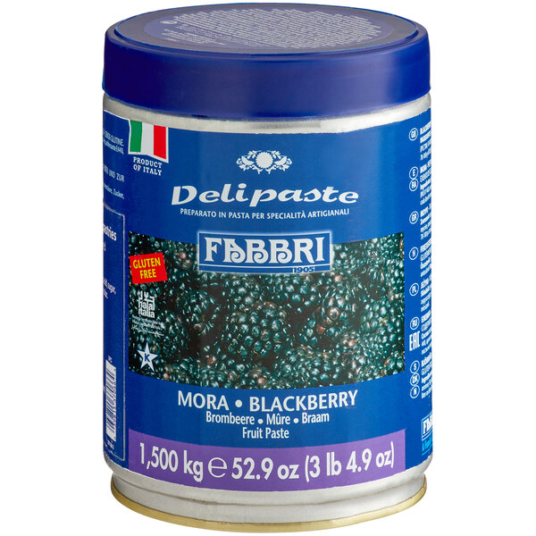 A blue can of Fabbri blackberry flavoring paste with a blue label.