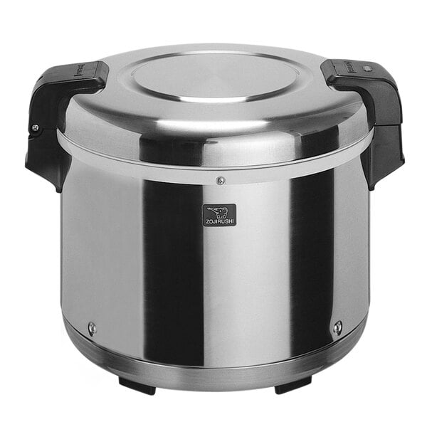 A Zojirushi stainless steel rice warmer with a silver pot and black handles.