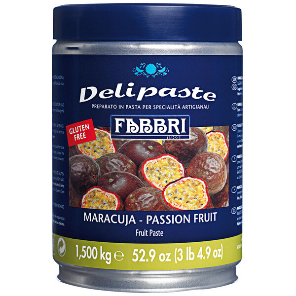 A jar of Fabbri Delipaste Passion Fruit flavoring.