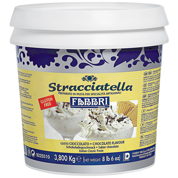 A white tub of stracciatella ice cream made with Fabbri Stracciatella Chocolate Flavoring.