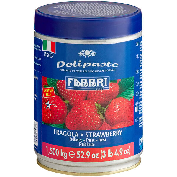 A blue can of Fabbri Delipaste strawberry flavoring paste with a close-up of a strawberry on the label.