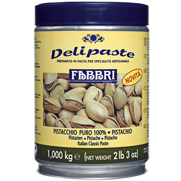 A can of Fabbri Delipaste pistachio pure flavoring paste with a yellow oval sign with red text.