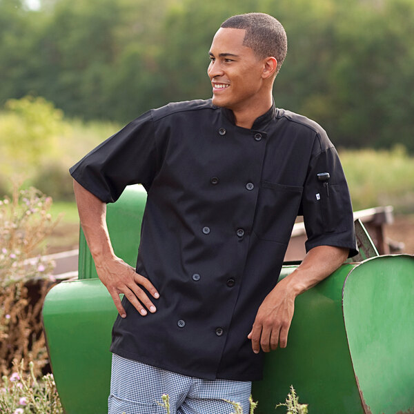 Chef Montego Pro Vent 0429 Unisex Black Customizable Short Sleeve Chef Coat with Mesh