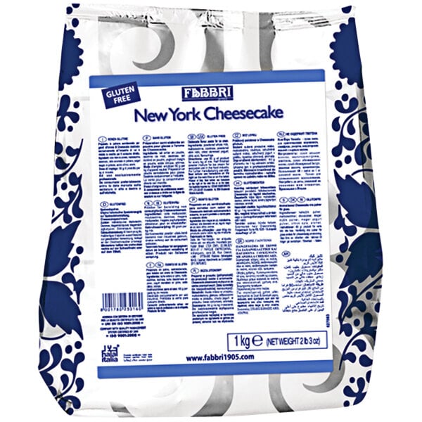 A white and blue package of Fabbri New York Cheesecake flavoring powder.