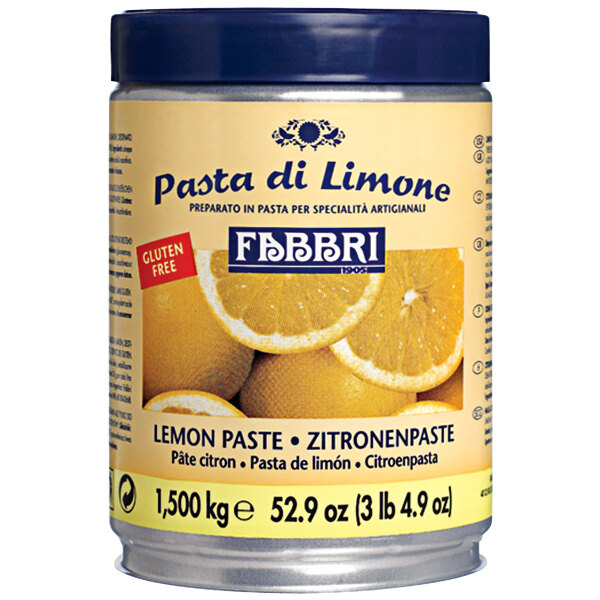 A can of Fabbri lemon flavoring paste with a blue and white label.