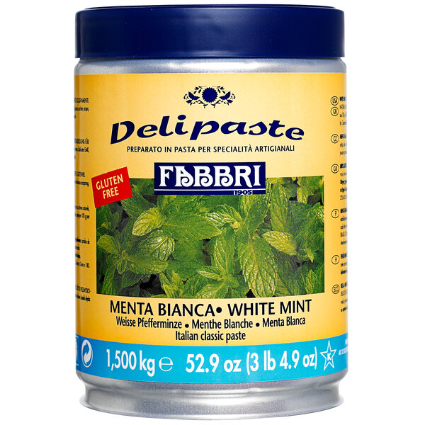 A white labeled can of Fabbri Delipaste white mint flavoring.