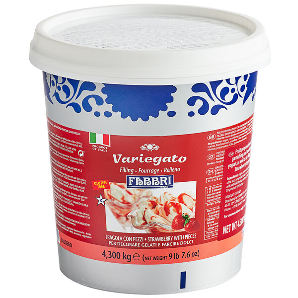 A container of Fabbri Strawberry Variegate with a white label.