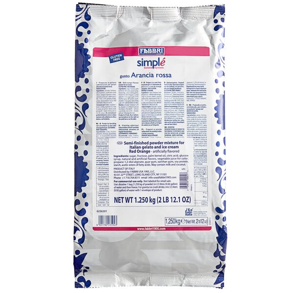 A white and blue bag of Fabbri Blood Orange Simple One-Step Soft Serve mix with blue text.