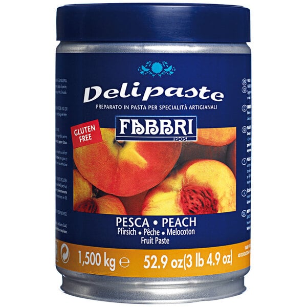 A white can of Fabbri Delipaste with a yellow label featuring peaches.