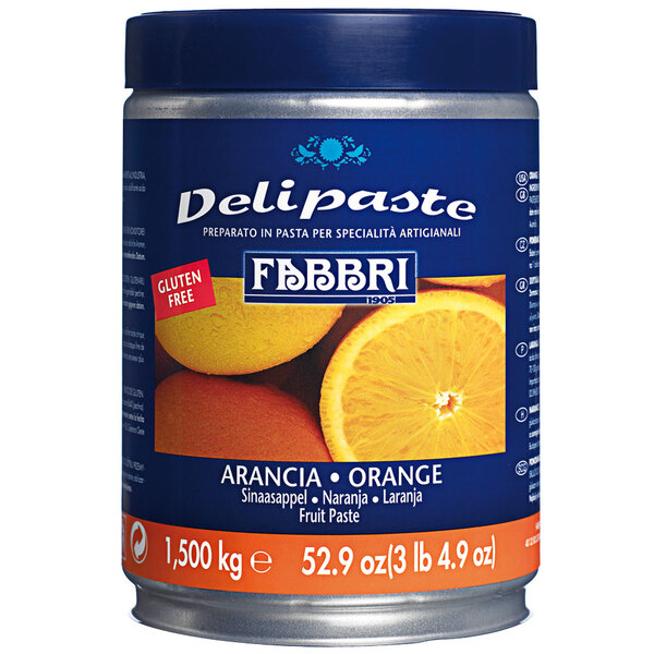 A can of Fabbri Delipaste Orange flavoring with an orange label.