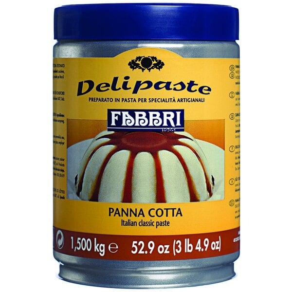 A can of Fabbri Delipaste Panna Cotta flavoring on a white background.