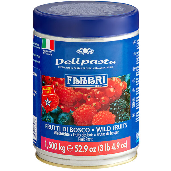 A can of Fabbri Delipaste Wild Fruits flavoring paste with a red label.