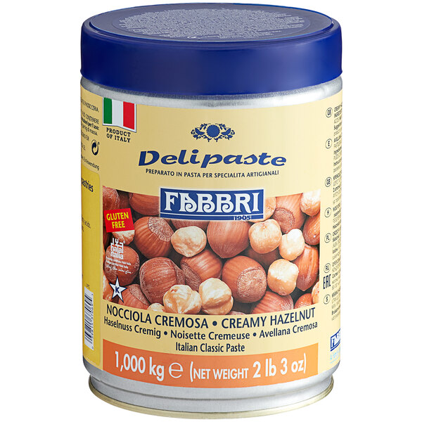 A can of Fabbri 1 kg Creamy Hazelnut Delipaste with a blue lid.