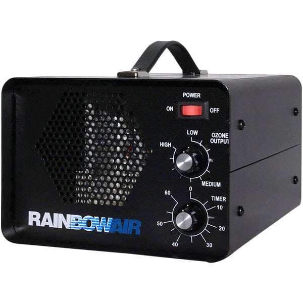 A black Rainbowair 5210-II air purifier with knobs and a red button.