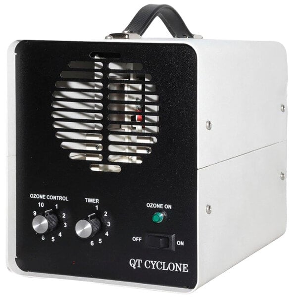 A white Queenaire Cyclone ozone generator with a vent.