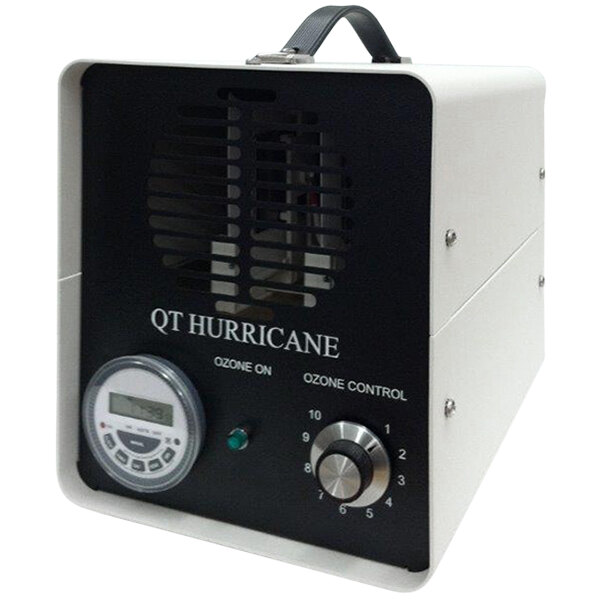 A white and black Queenaire Hurricane ozone generator with a round black dial and black handle.