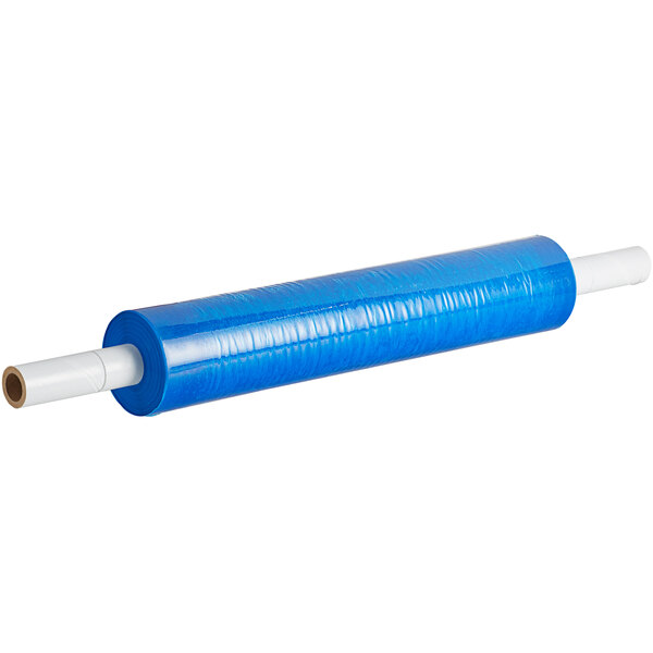 A blue plastic wrap roll on a white tube.