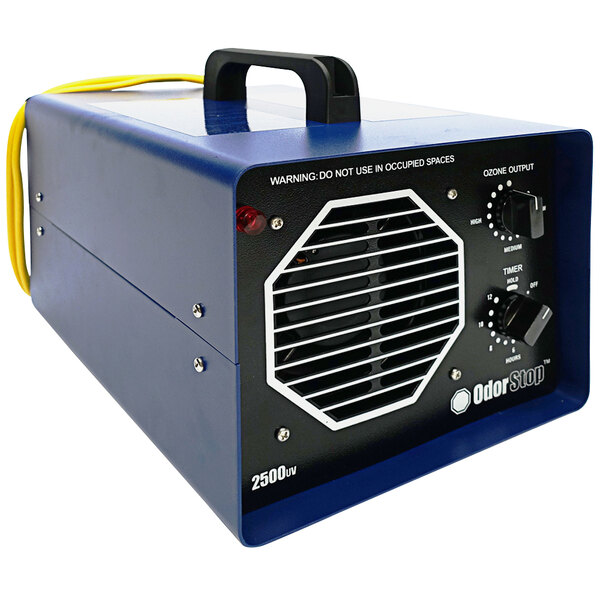 An OdorStop OS2500UV Ozone Generator / UV Air Purifier in a blue box with black knobs and a yellow cable.
