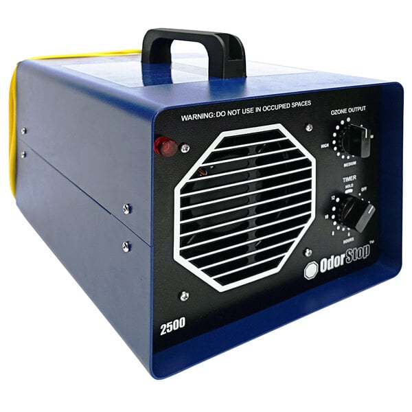 An OdorStop OS2500 ozone generator with knobs and a vent on a blue and yellow box.
