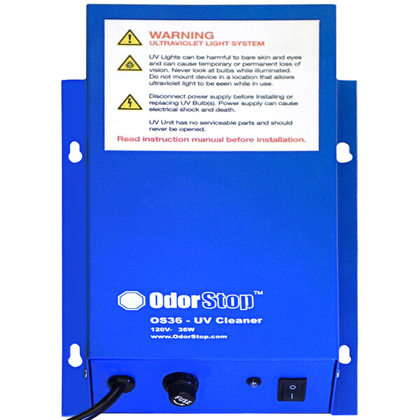 An OdorStop blue plastic UV air purifier box with white text.