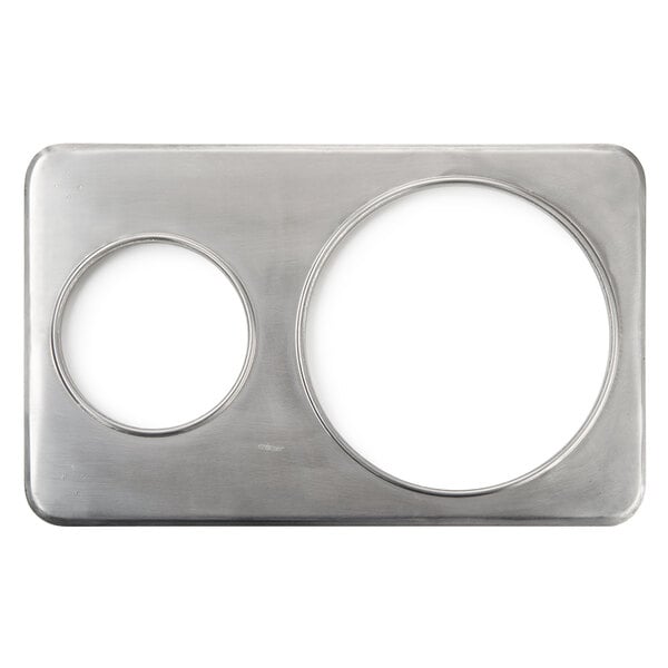 A stainless steel Choice steam table adapter plate with two holes.