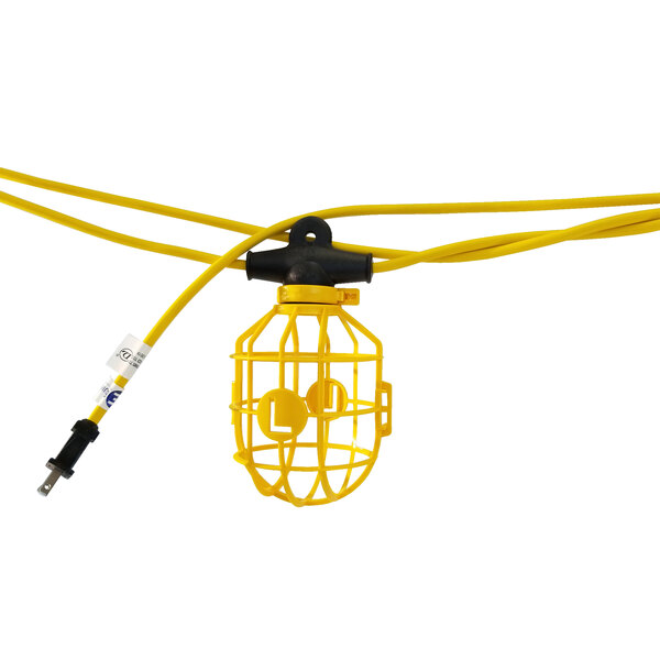 A yellow Lind Equipment string light with plastic guards and a yellow wire.