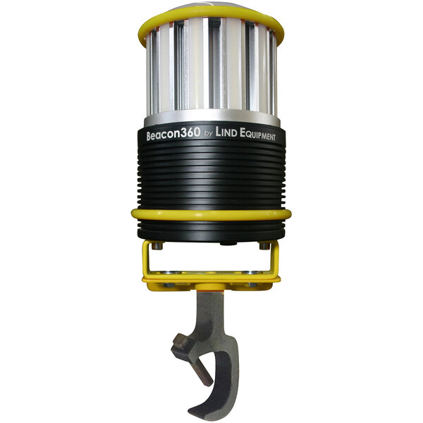 A black and yellow Lind Equipment Beacon360 GO LED work light with a yellow handle.