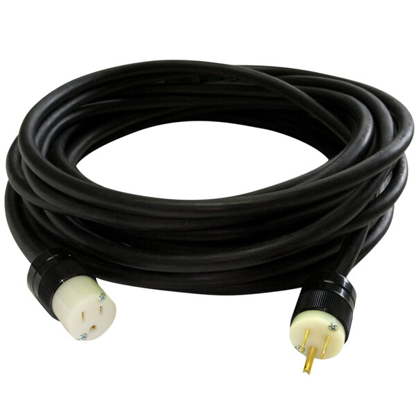 A black Lind Equipment extension cord with white plugs.