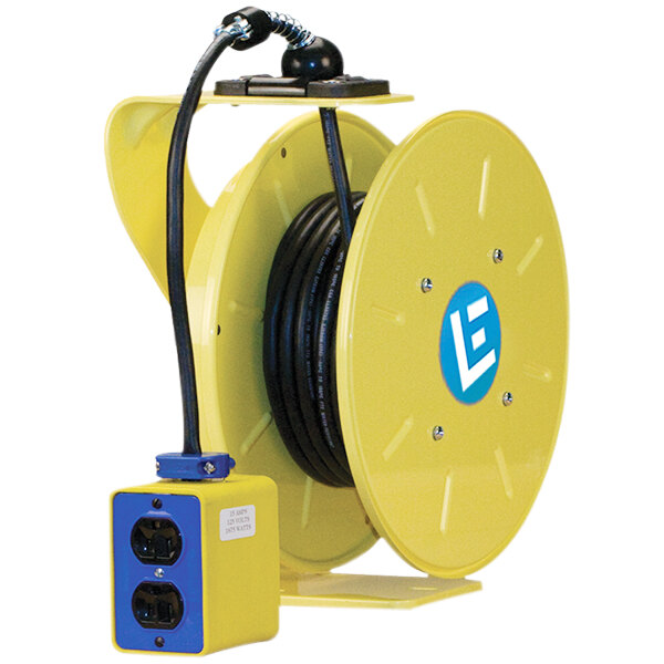 A yellow Lind Equipment heavy-duty extension cord reel with a blue and white logo on a yellow and blue quad box.