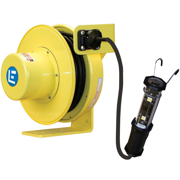 A yellow Lind Equipment cable reel with a black cord and a LED hand lamp.