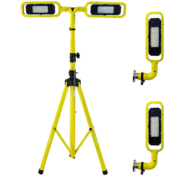 A yellow Lind Equipment tripod with two Beacon Infinity LED area lights on it.