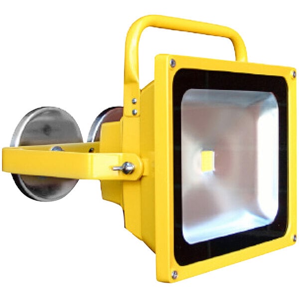 A yellow Lind Equipment LED floodlight with a black border.