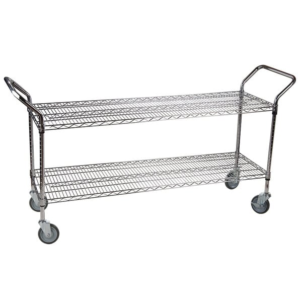 A Regency chrome utility cart with two shelves and wheels.