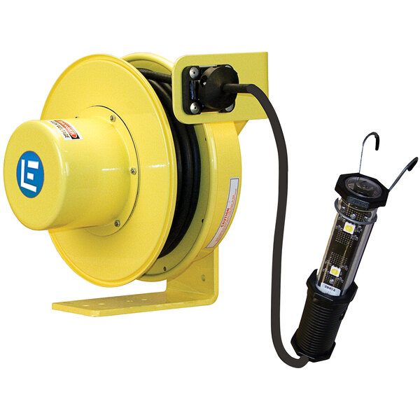 A yellow Lind Equipment cable reel with black and yellow accents and a black cord, with a LED light on the end.