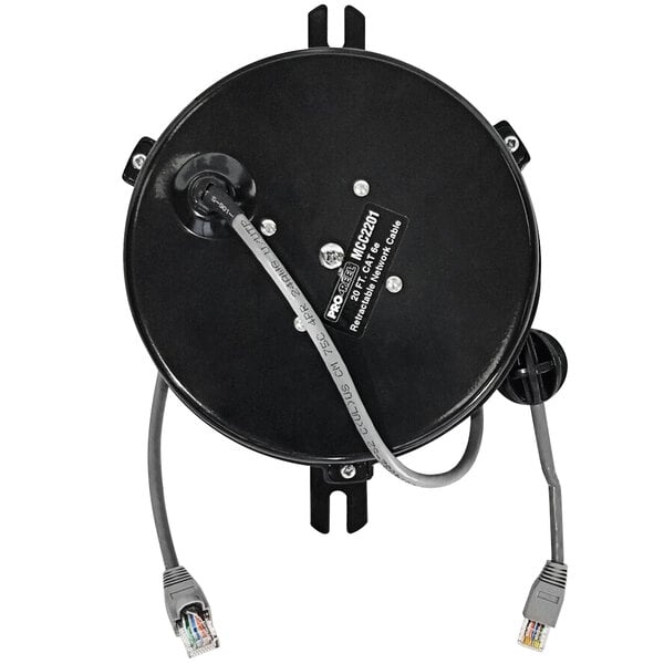 A black Lind Equipment retractable data cord reel with a cable attached.