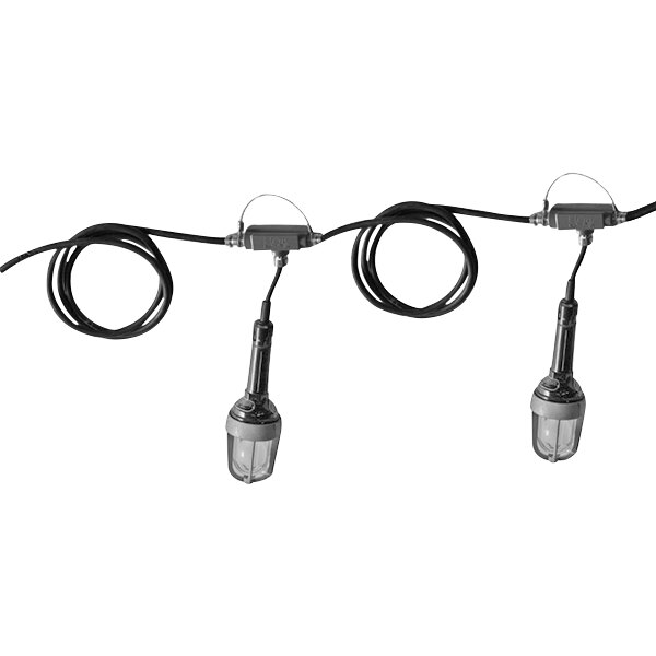 A Lind Equipment hazardous location string light with two black LED lights attached to a wire.