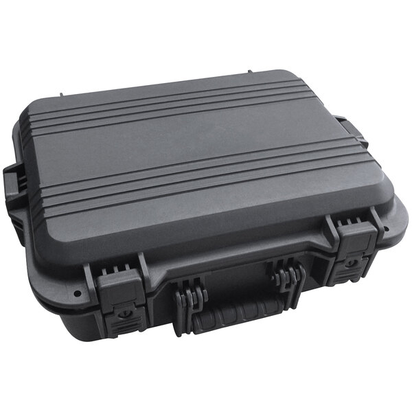 A black plastic carrying case with two compartments for Lind Equipment area lights.