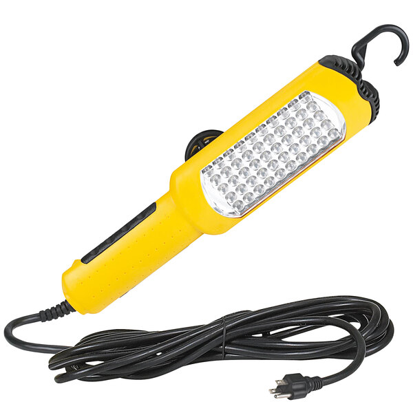 A yellow and black Lind Equipment LED hanging work light with a cord.