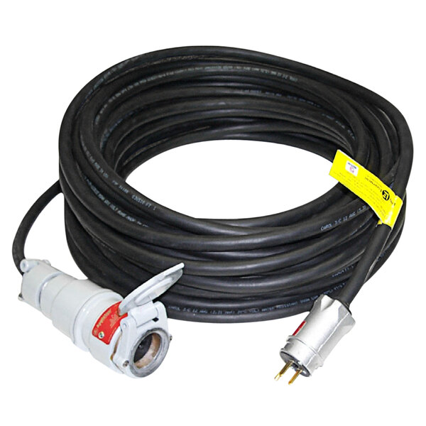 A black Lind Equipment 12/3 SOOW cable with white plug and connector.