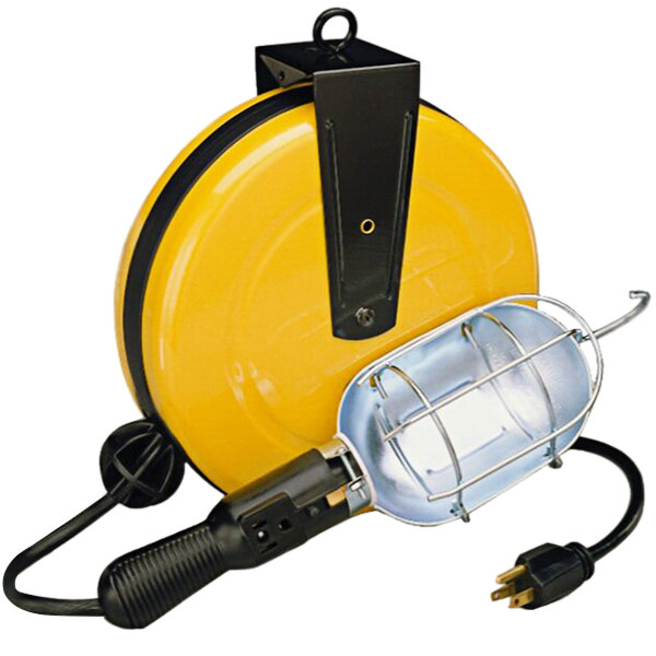 A yellow Lind Equipment work light reel with a cord and light.