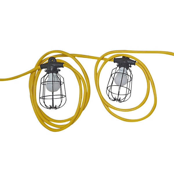 A yellow wire with two yellow Lind Equipment string lights with metal guards and connectors.