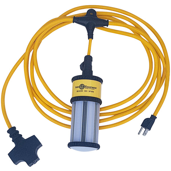 A yellow Lind Equipment Beacon360 Spark LED jobsite light cable with a black plug.