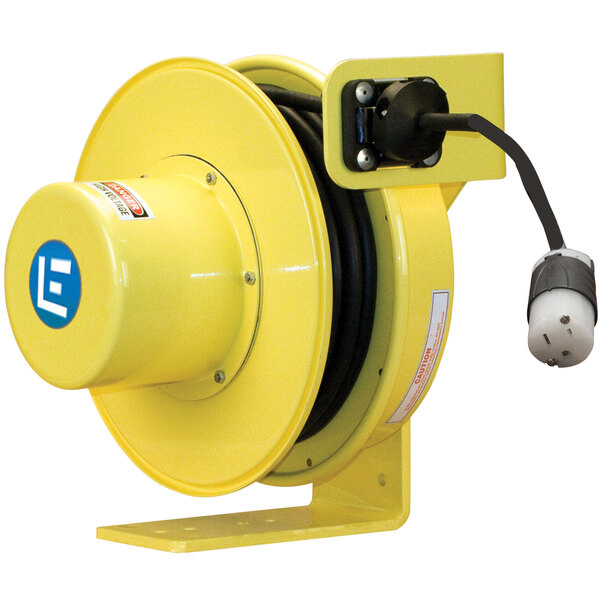 A yellow cable reel with a black cable.