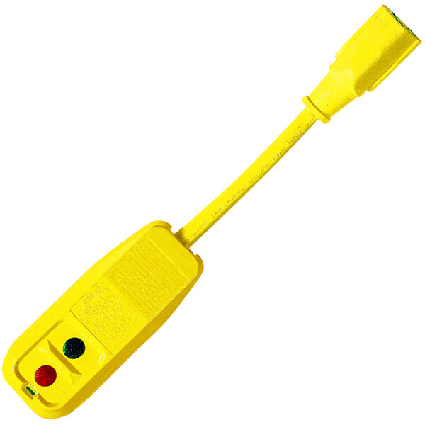 A yellow Lind Equipment GFCI plug and cord set with red and green buttons.