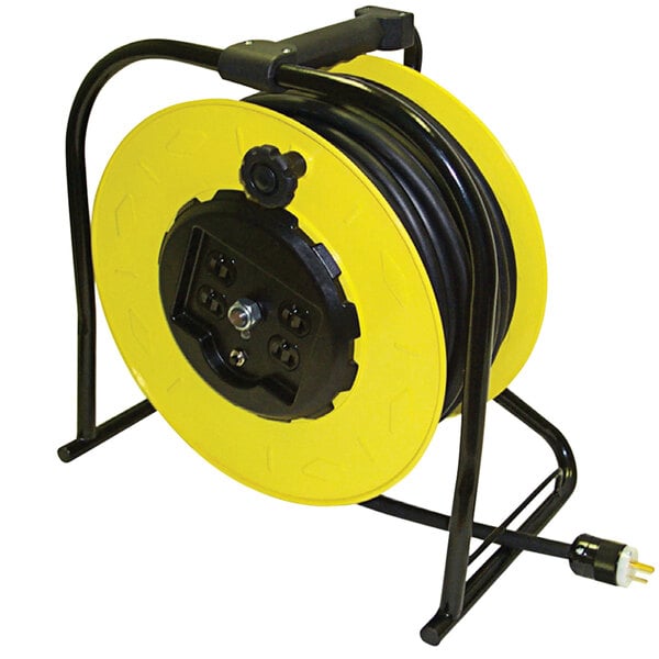 A yellow Lind Equipment hand-wind cable reel with black wires and a black handle.