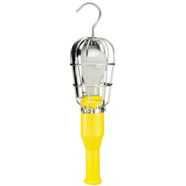 A yellow incandescent light bulb in a metal cage.