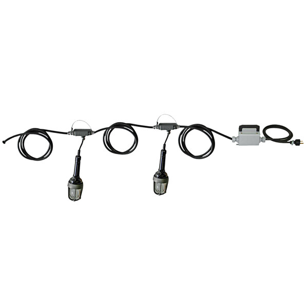 A row of black Lind Equipment LED string lights with three black wires and a few lights.