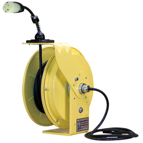 A yellow Lind Equipment heavy-duty extension cord reel with a yellow cable.