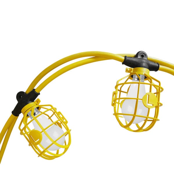 A yellow wire with yellow caged LED lights on each end.