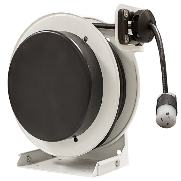 A black and white Lind Equipment extension cord reel with a cable and white handle.